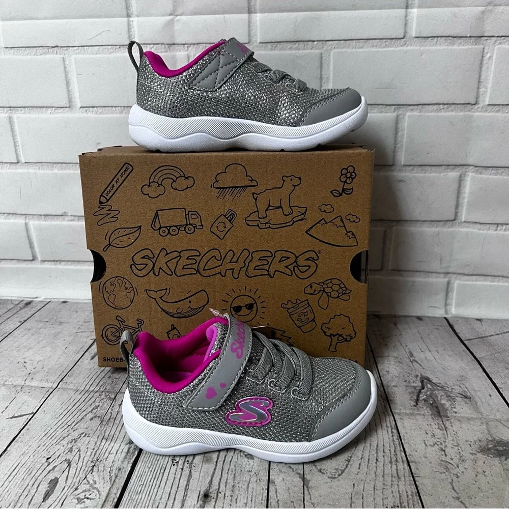 Girl Sz 7 Skechers Toddler Easy Peasy 302885N Gray Pink Silver Washable Sneaker